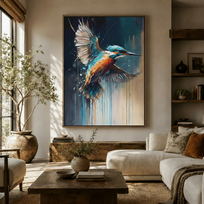 Kingfisher splatter art canvas print displayed in a modern living room above a wooden sideboard