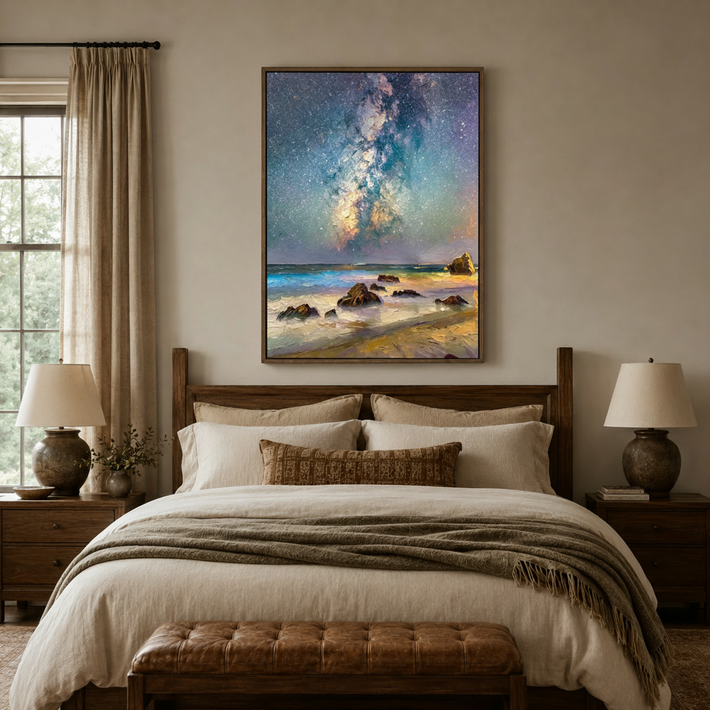 Milky Way night sky impasto canvas wall art displayed above bed in warm bedroom setting