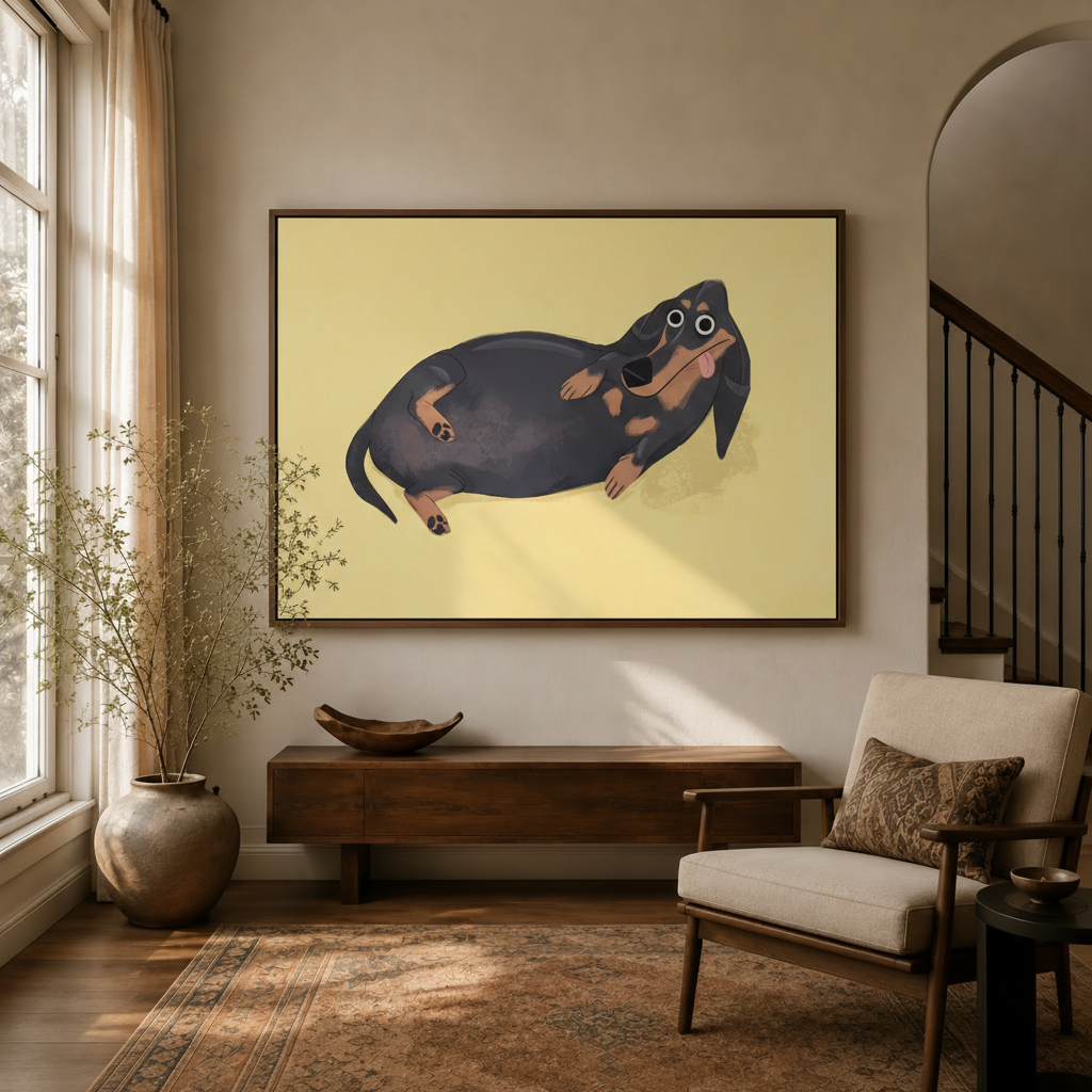 Funny dachshund canvas print hanging in warm entryway with walnut console and dried branches