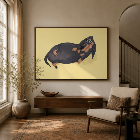Funny dachshund canvas print hanging in warm entryway with walnut console and dried branches