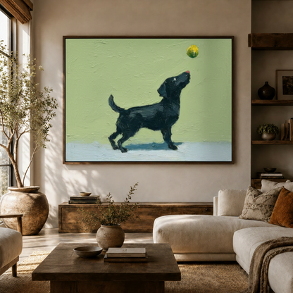 Framed black Labrador oil painting canvas print displayed in modern living room with neutral boho decor