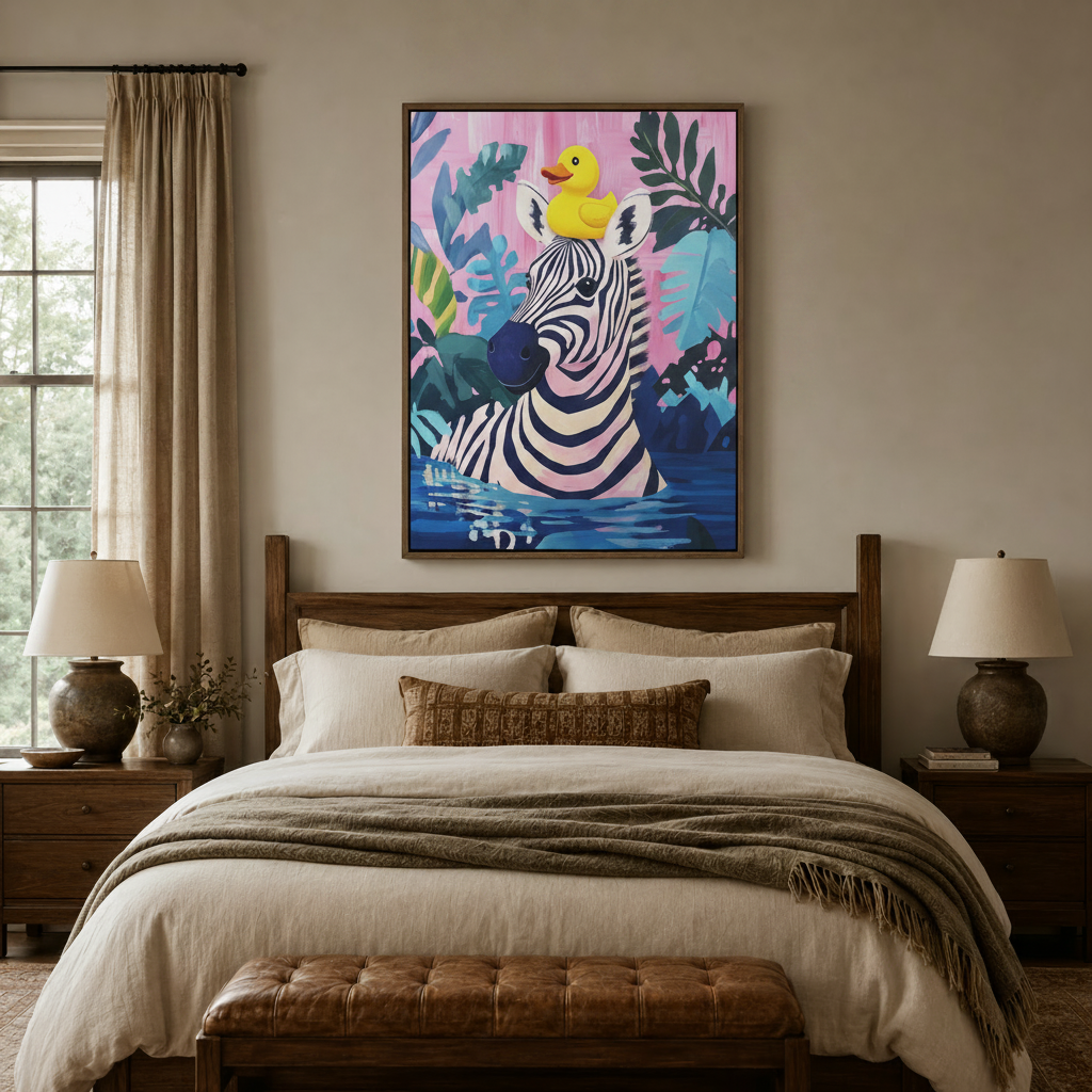 Colorful zebra rubber duck canvas wall art in dark frame displayed above bed in cozy bedroom