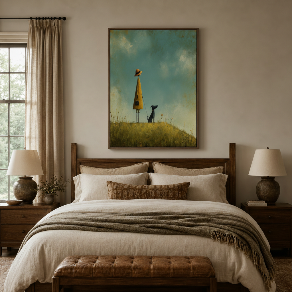 Whimsical girl and dog canvas wall art hung above walnut bed in warm neutral bedroom with cream linen bedding