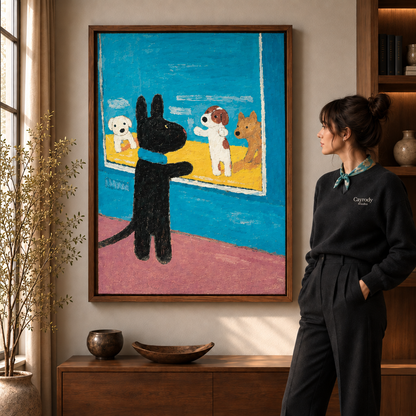 Whimsical rabbit and dogs canvas art in a walnut frame beside a woman wearing a scarf.