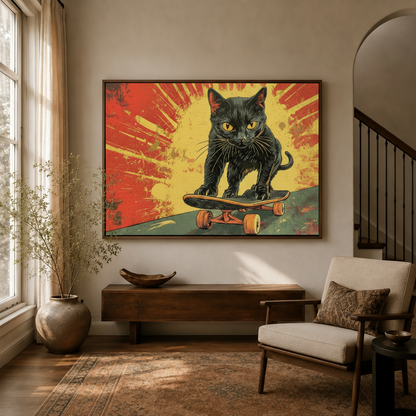 Retro skater cat canvas wall art in dark walnut frame displayed in warm living room entryway