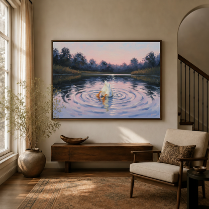 Impressionist duck lake canvas wall art displayed above wooden sideboard in warm neutral entryway