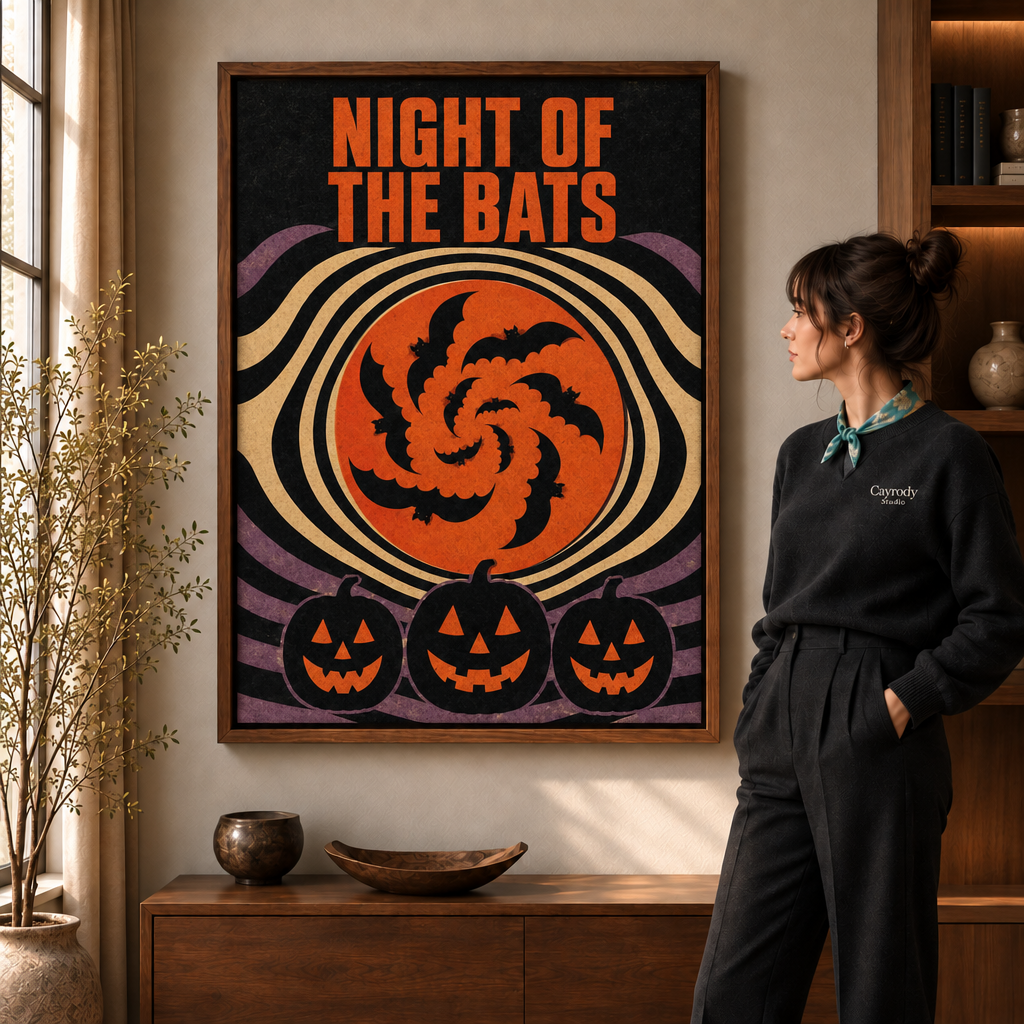 Retro Halloween bat canvas art in a walnut frame beside a woman wearing a scarf.