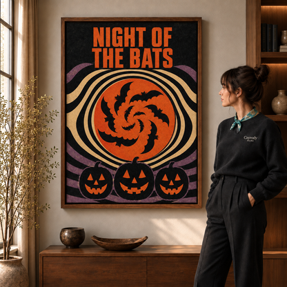Retro Halloween bat canvas art in a walnut frame beside a woman wearing a scarf.
