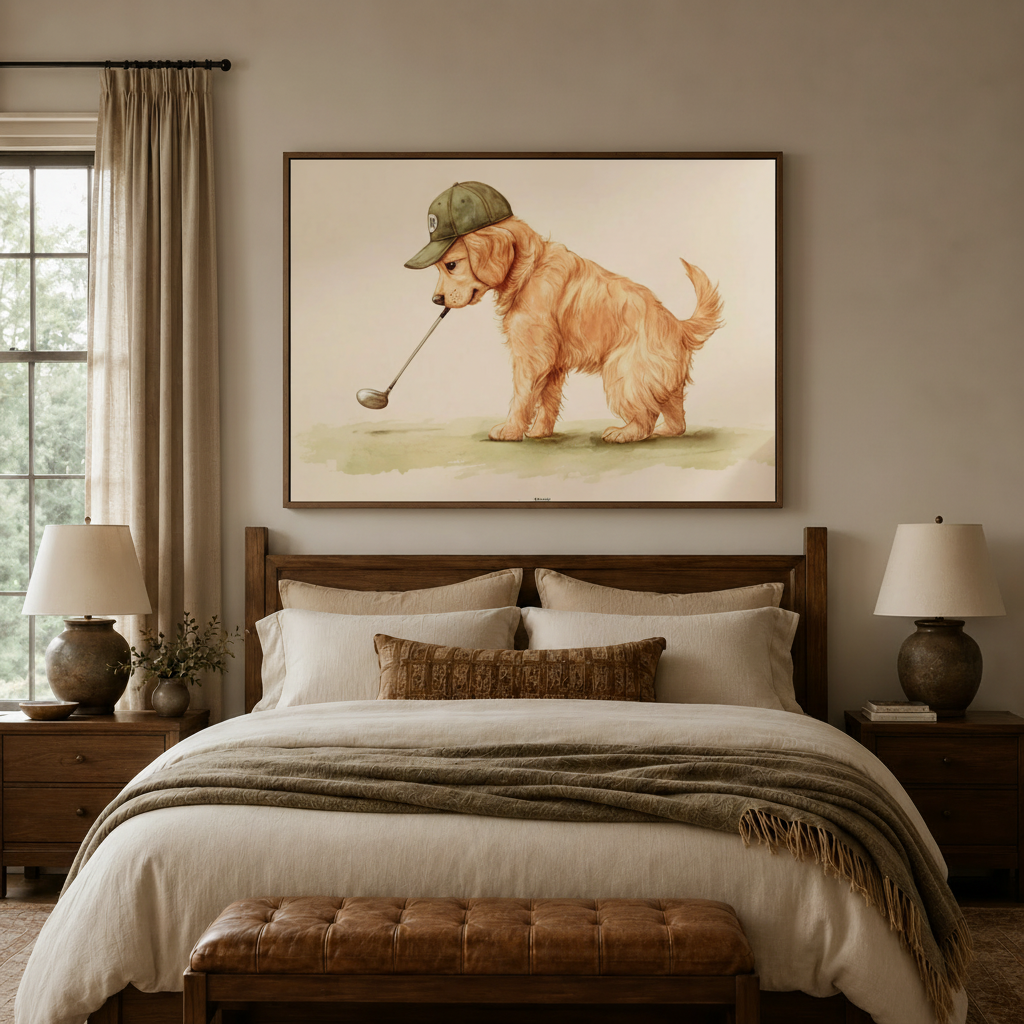 Illustrated golden retriever puppy golf cap canvas wall art displayed above warm neutral bedroom headboard