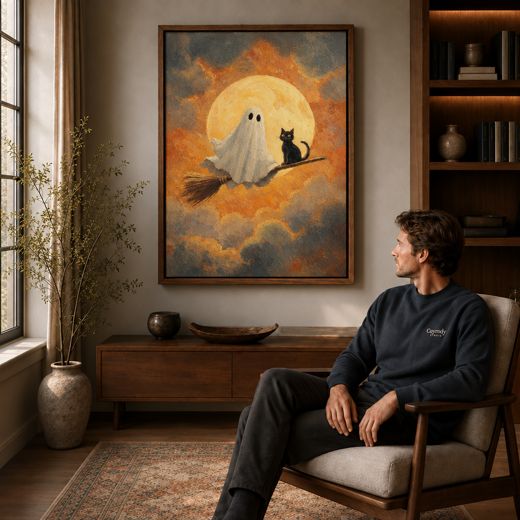 Ghost and black cat Halloween wall art in a walnut frame beside a seated man in a cozy room.
