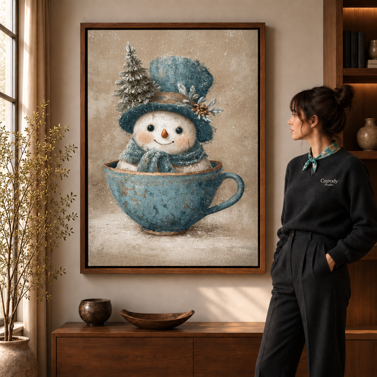 Whimsical snowman teacup canvas art in a walnut frame beside a woman wearing a scarf.