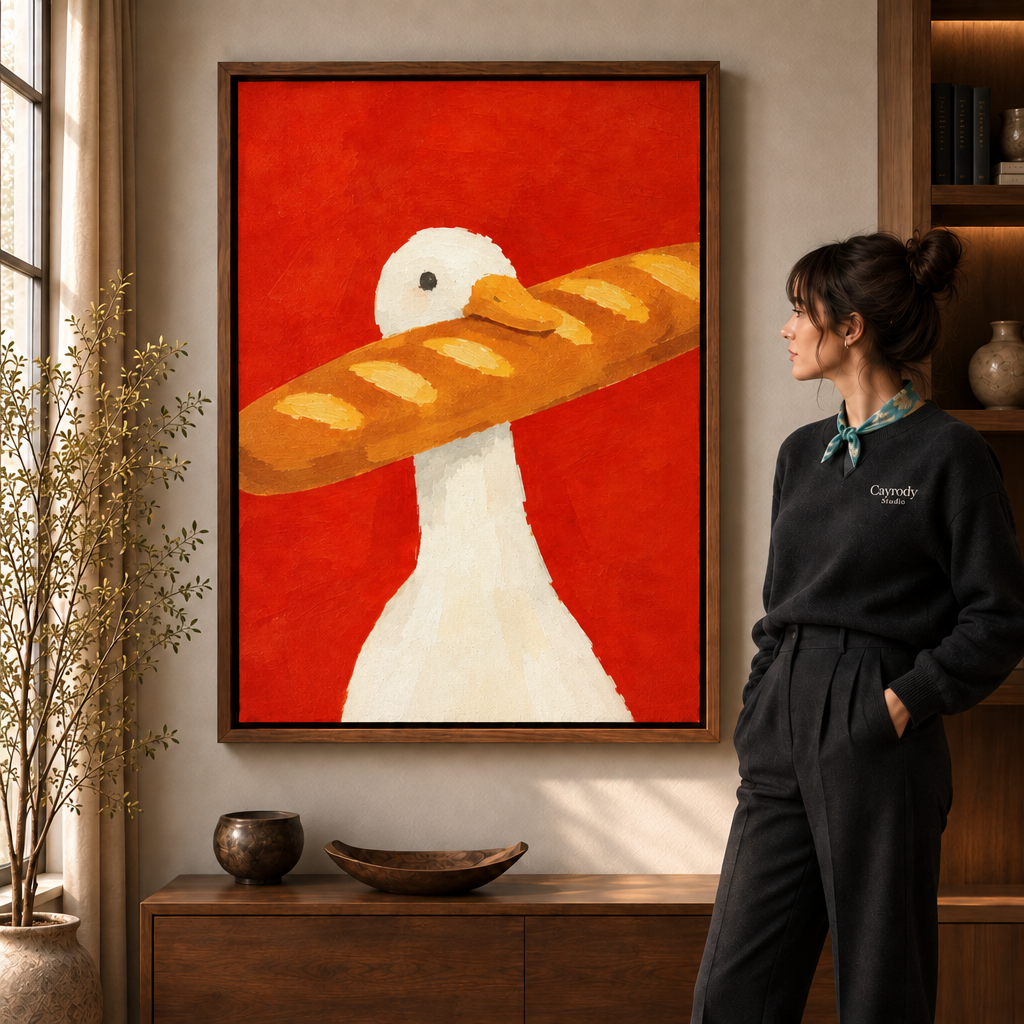 Whimsical duck and baguette canvas wall art displayed in a warm modern living room