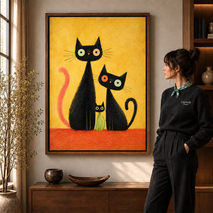 Whimsical black cat canvas wall art in a wood frame beside a woman and wooden console.