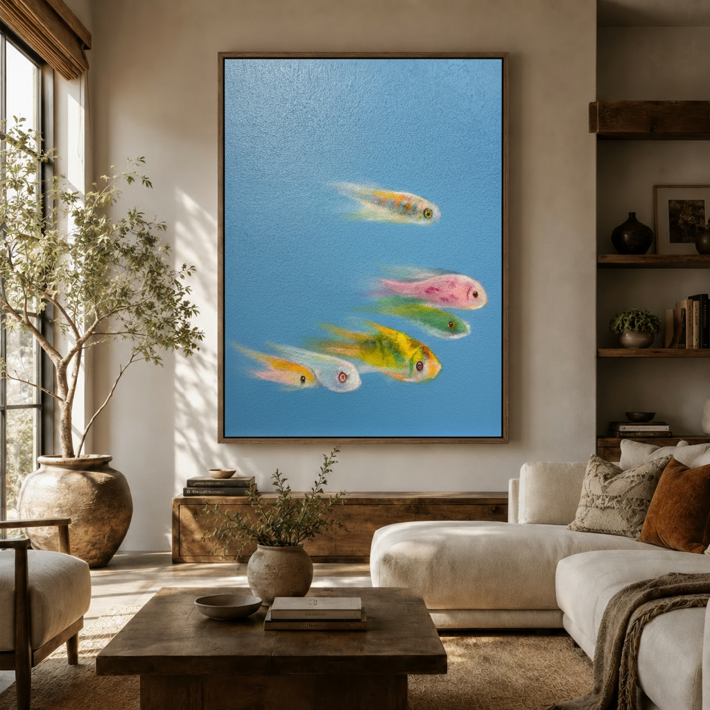 Whimsical colorful fish oil painting in dark walnut frame displayed in warm neutral living room