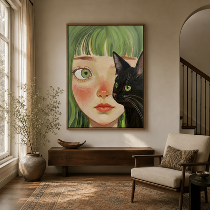 Whimsical green-haired girl and black cat portrait canvas hanging in a neutral entryway above a console table