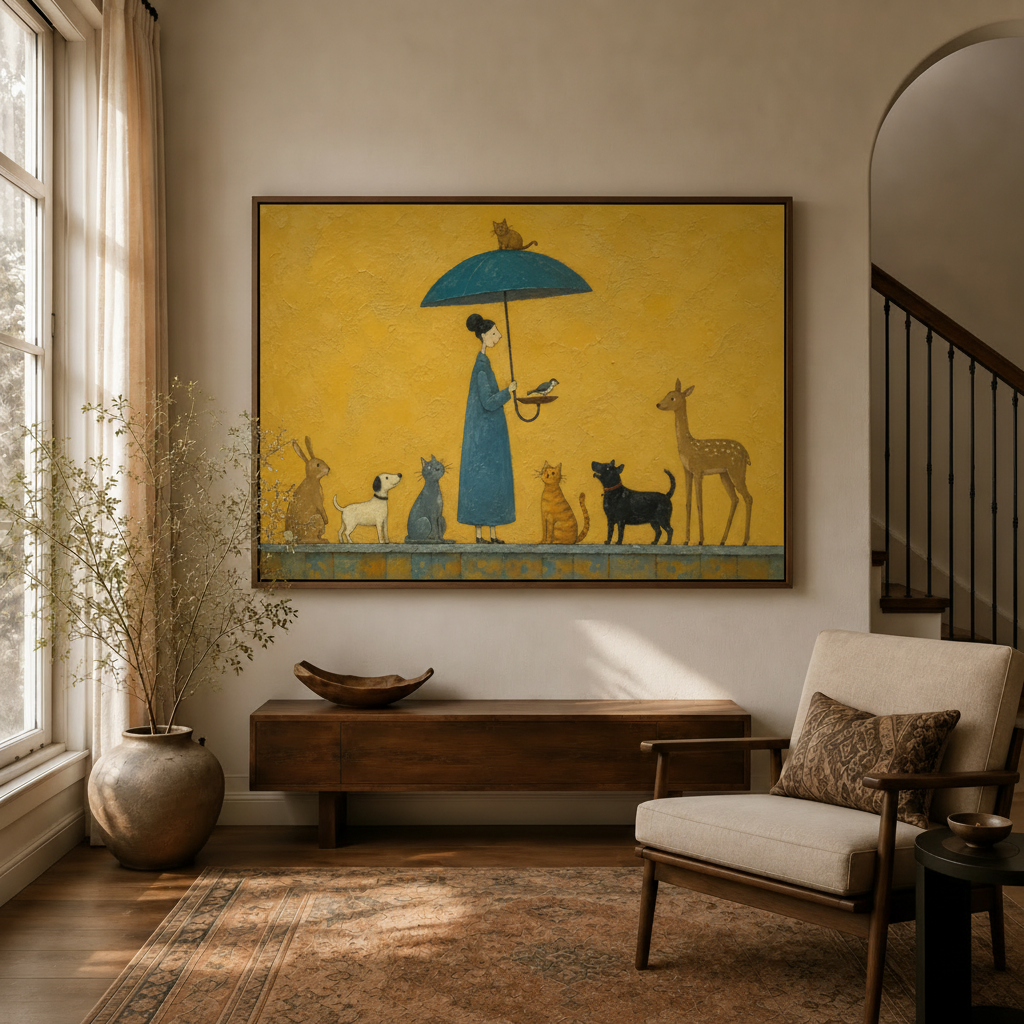 Whimsical folk art canvas of a woman with a teal umbrella and animals in a sunlit modern living room.