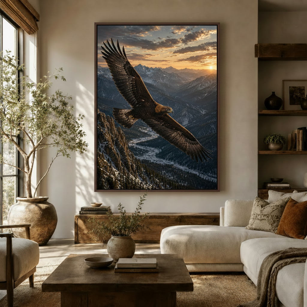 Golden eagle mountain sunset canvas wall art displayed in modern living room