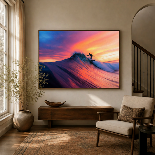 Surfer sunset canvas wall art displayed above console table in stylish entryway foyer