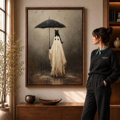 Ghost and black cat canvas wall art in a wood frame beside a woman in a warmly lit room.