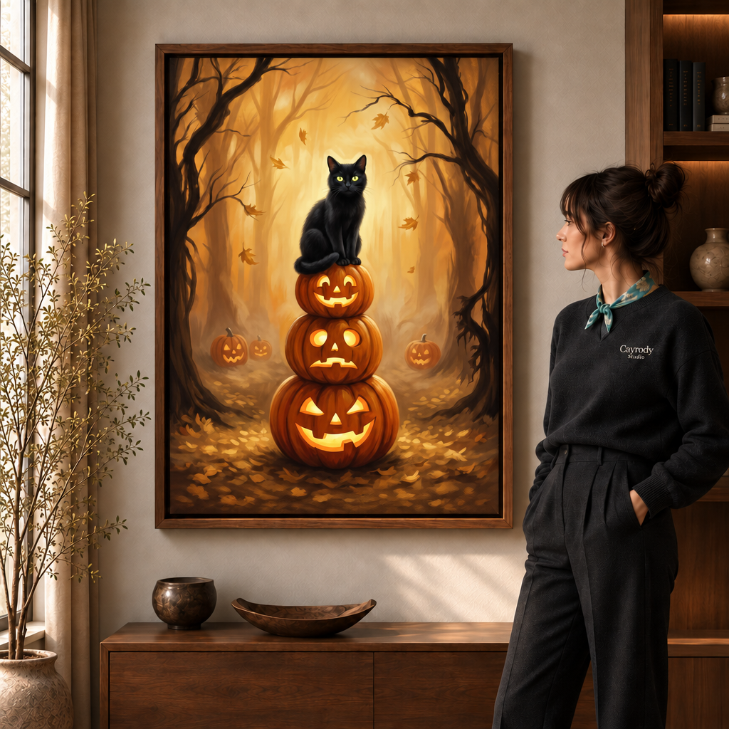 Walnut-framed black cat Halloween canvas art displayed beside a woman in a warm living room.