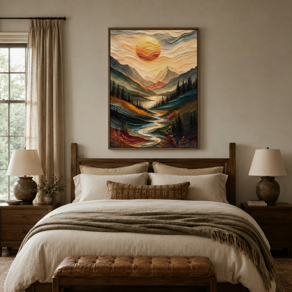Textured mountain river sunset landscape canvas hung above walnut bed in warm neutral bedroom