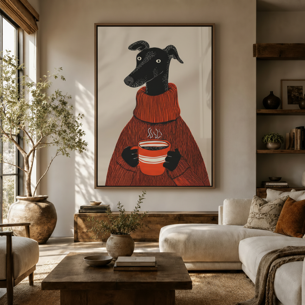 Linocut style greyhound wall art hanging in warm neutral living room above sideboard