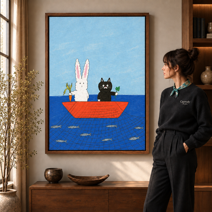 Whimsical rabbit and cat boat canvas art in a walnut frame beside a woman wearing a scarf.
