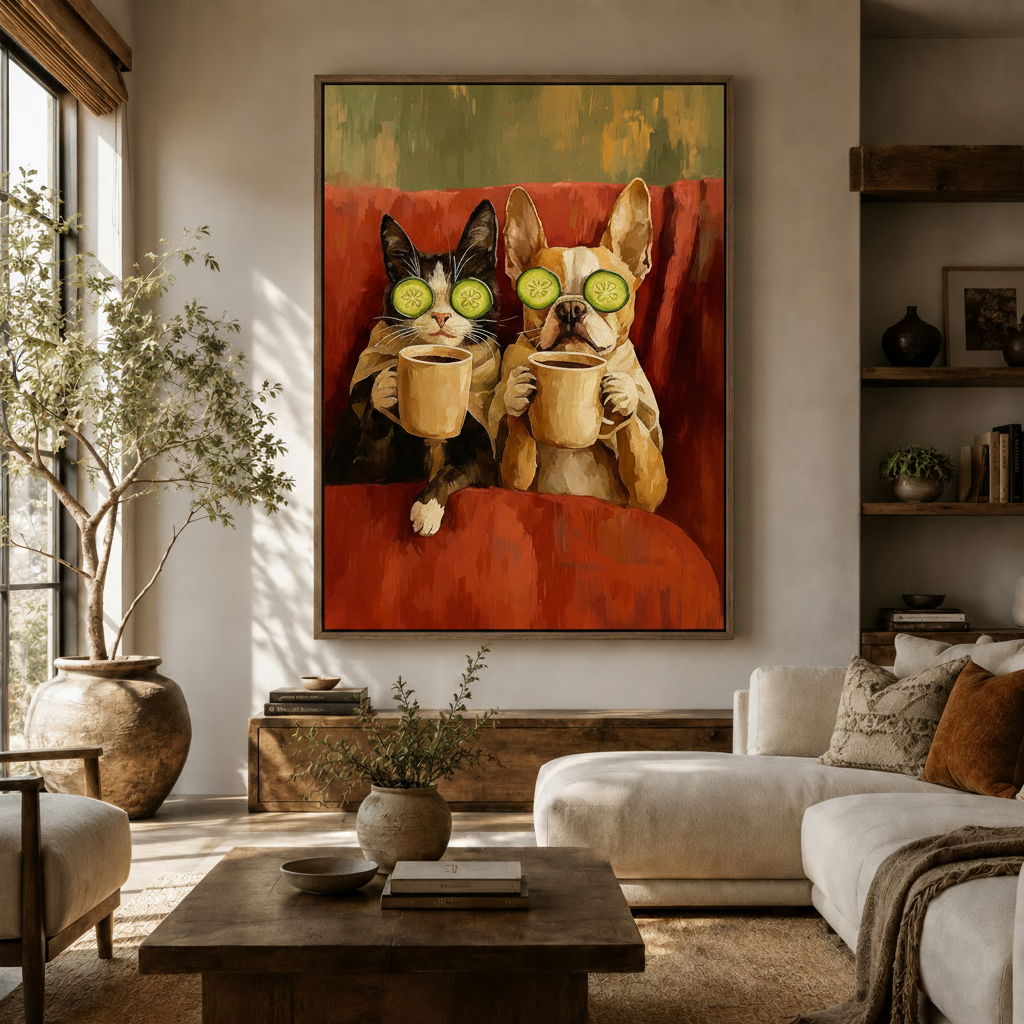 Funny cat and dog spa day canvas wall art displayed in warm neutral living room above wooden console