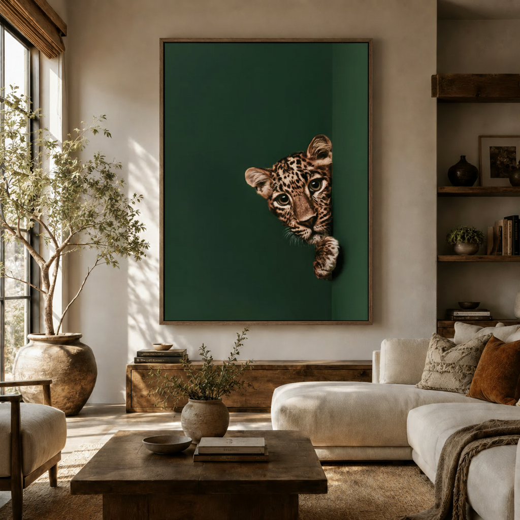Realistic leopard cub peeking canvas wall art hanging above console in warm organic living room