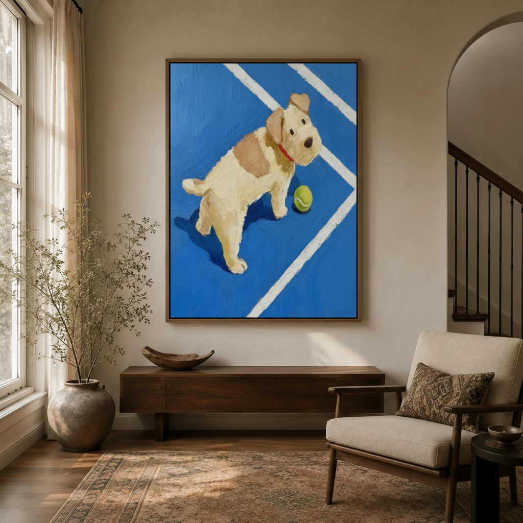Dog tennis court canvas art displayed in a warm entryway beside a dark wood console table and ceramic vase