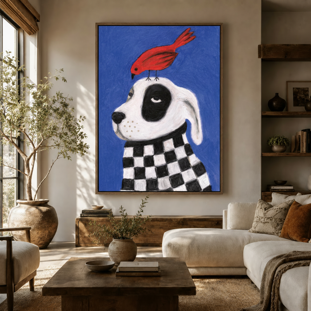 Folk art dalmatian dog with red cardinal canvas print displayed above white sofa in neutral living room