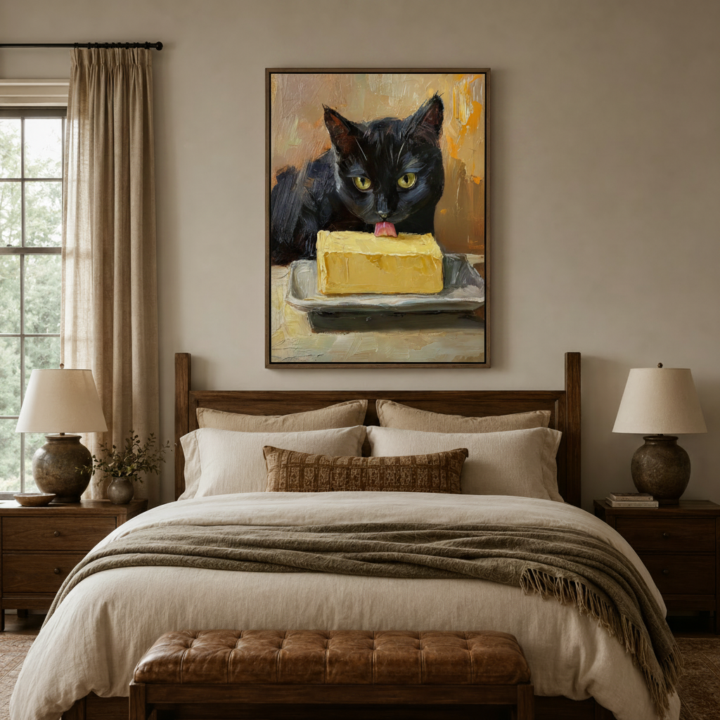 Funny black cat licking butter impasto canvas art displayed above bedroom headboard