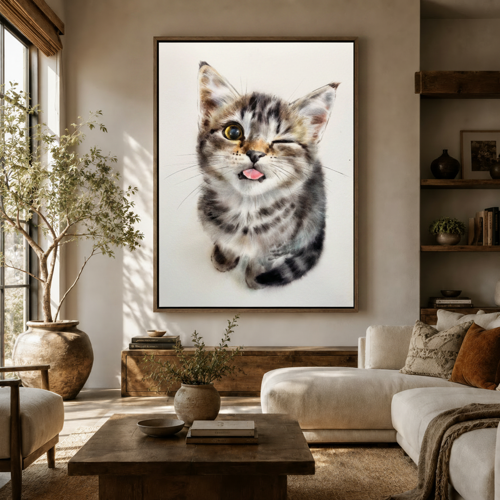 Winking kitten watercolor canvas print displayed above console in a warm neutral living room