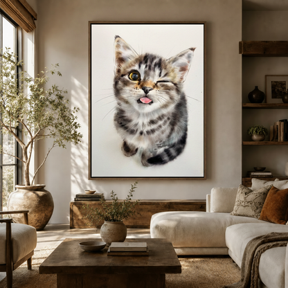 Winking kitten watercolor canvas print displayed above console in a warm neutral living room