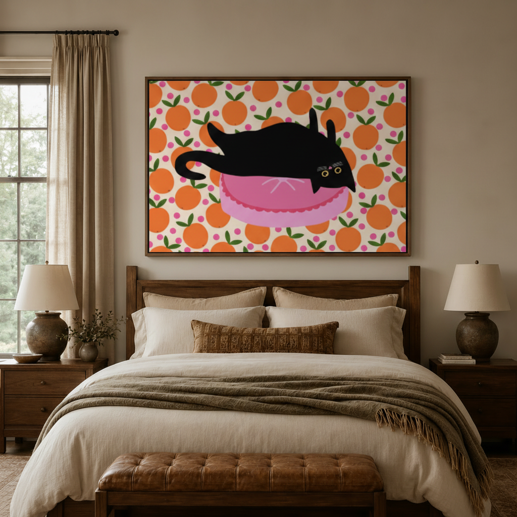 Black cat orange citrus pattern graphic canvas wall art displayed above cozy neutral bedroom headboard