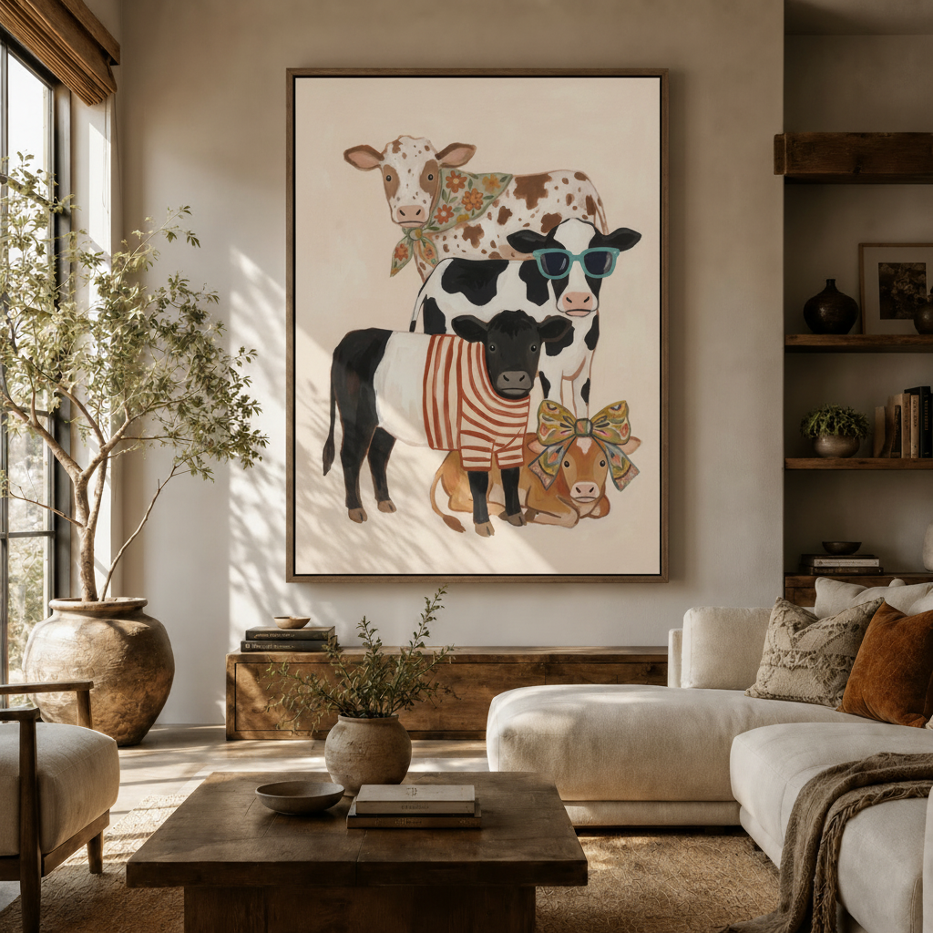 Whimsical cow family canvas wall art hanging large above console in warm organic living room