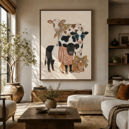 Whimsical cow family canvas wall art hanging large above console in warm organic living room