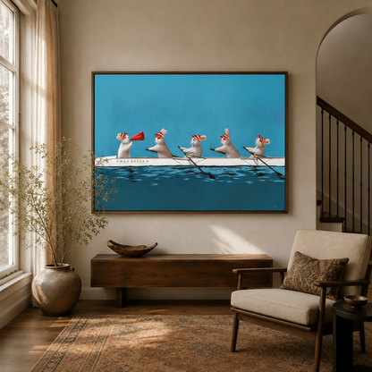 Whimsical rowing rabbits framed canvas wall art displayed in a warm neutral living room entryway
