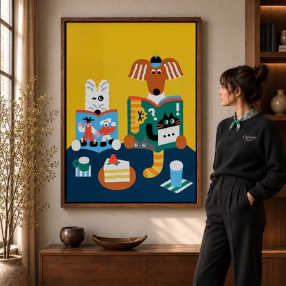 Whimsical reading animals canvas art in a walnut frame beside a woman wearing a scarf.
