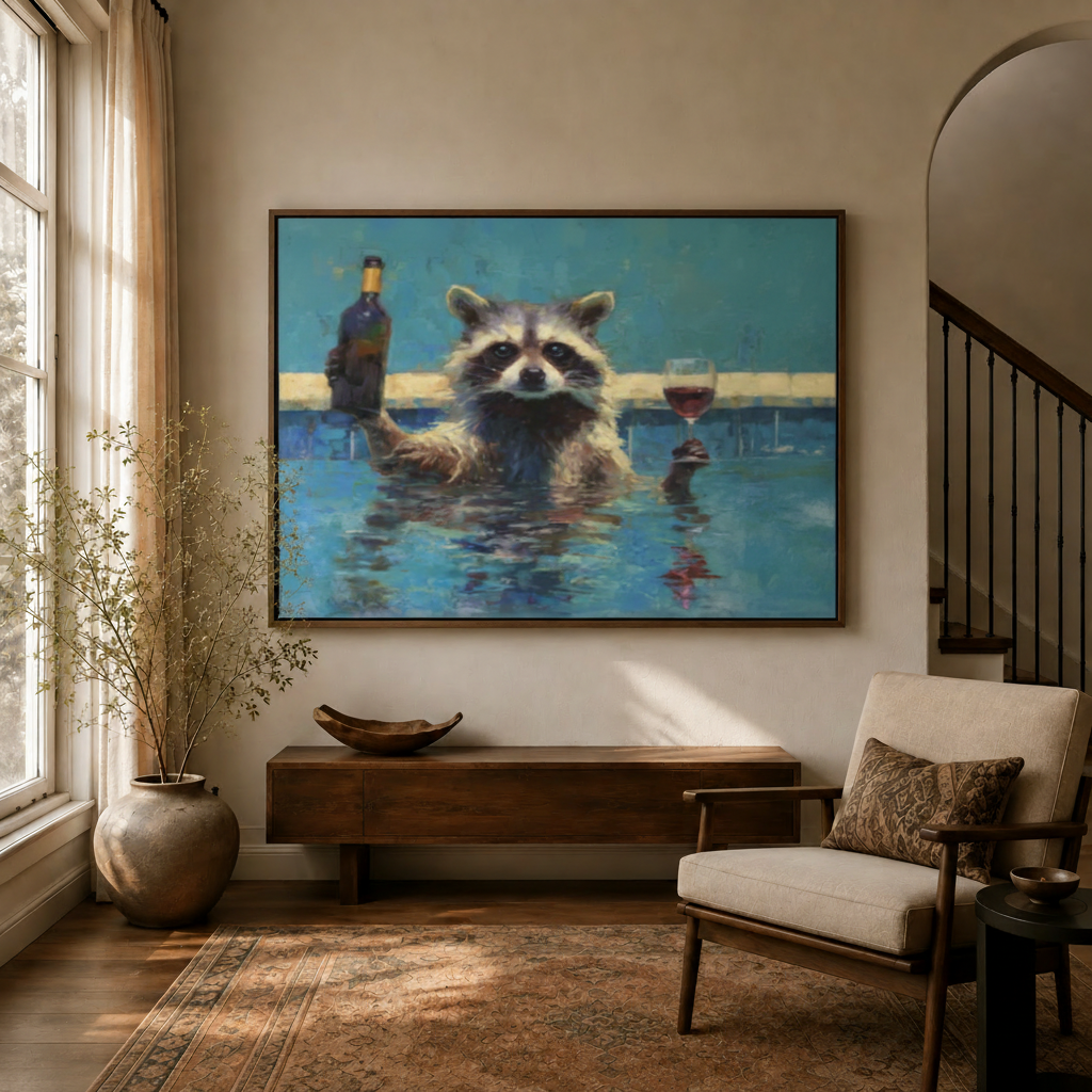 Raccoon pool party impasto canvas print in dark walnut float frame above console in bright entryway