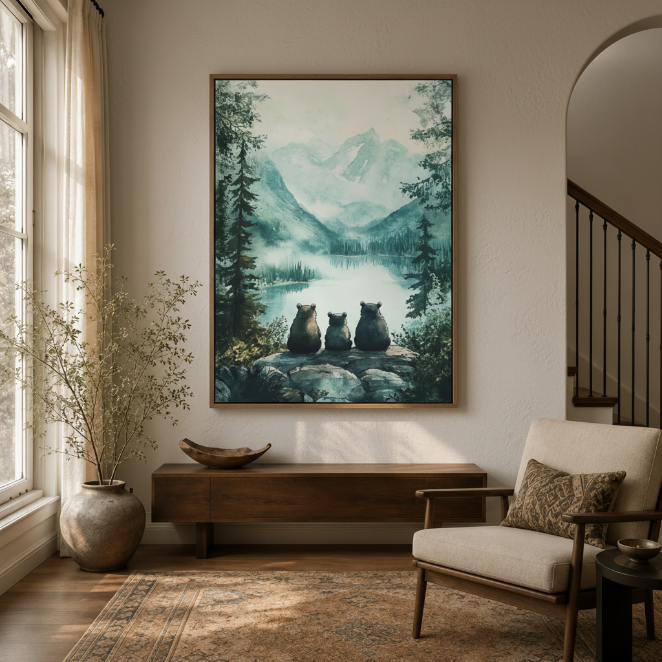 Three bears watercolor canvas print displayed in entryway beside dried branch floor vase