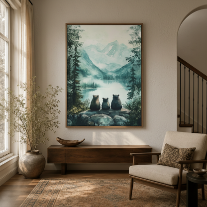 Three bears watercolor canvas print displayed in entryway beside dried branch floor vase