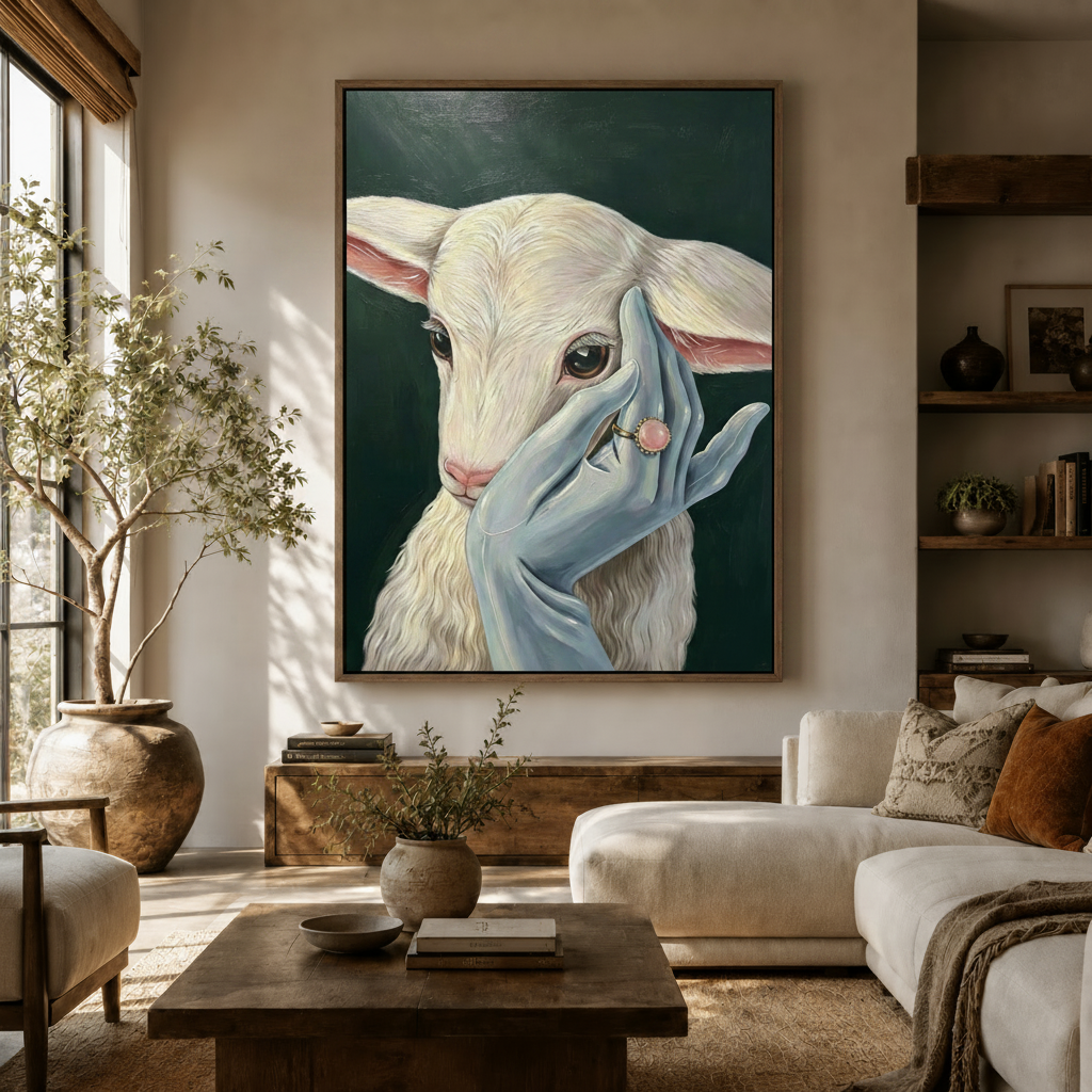 Baby goat oil painting canvas art in dark walnut frame above console in warm Japandi living room