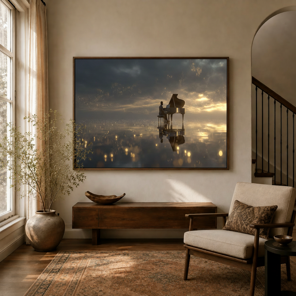 Cinematic pianist canvas wall art displayed in a warm entryway above a wooden console, golden twilight mood with soft ambient lighting