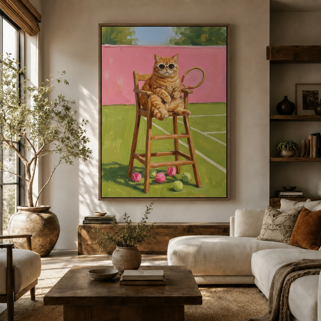 Funny tennis cat canvas print displayed in a warm modern living room above wood console