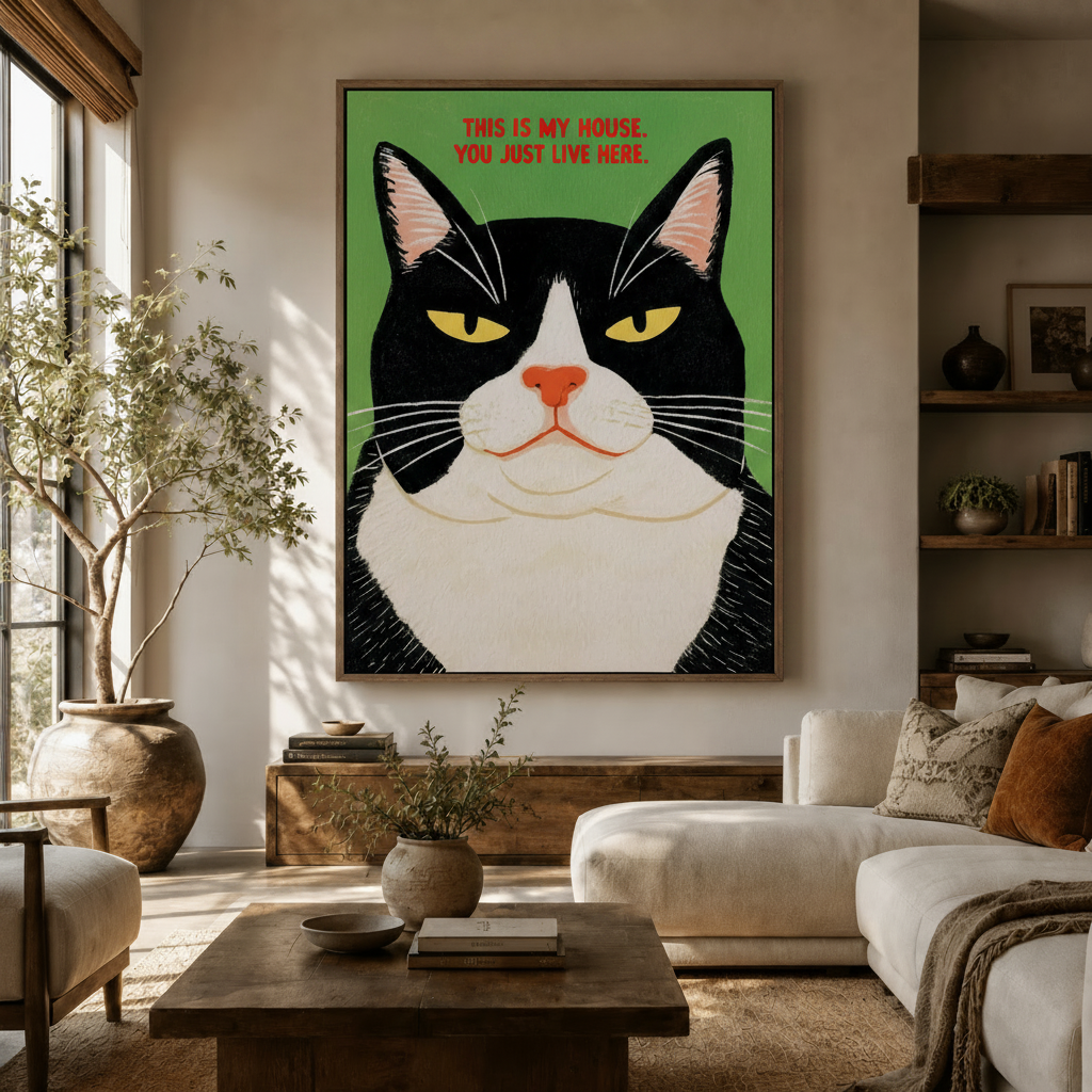 Funny tuxedo cat canvas wall art in float frame displayed in warm neutral living room above sideboard