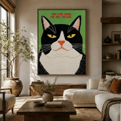 Funny tuxedo cat canvas wall art in float frame displayed in warm neutral living room above sideboard