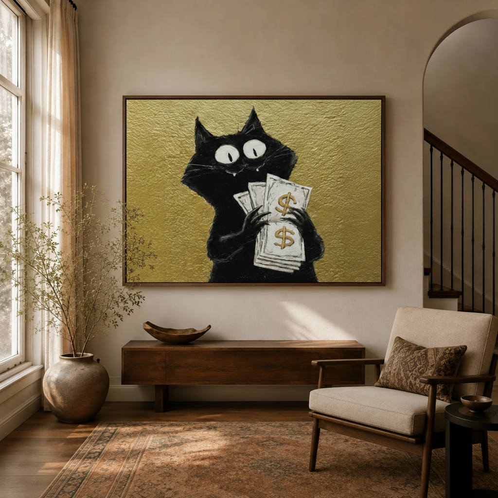 Funny black cat money canvas wall art in dark walnut floater frame, displayed in warm neutral entryway