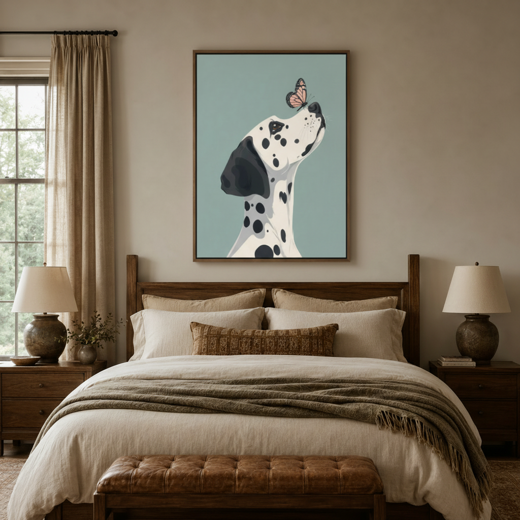 Framed minimalist dog canvas art hanging above a bed in a cozy neutral farmhouse bedroom with warm lighting