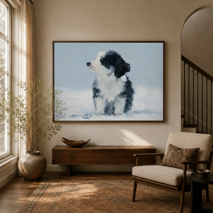 Border collie puppy canvas wall art in walnut floater frame displayed in warm neutral entryway setting
